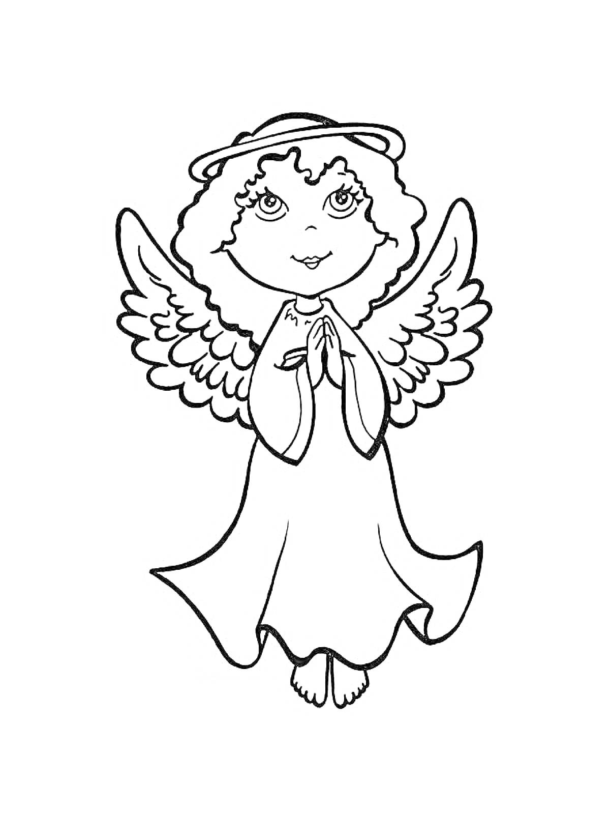 Раскраска Ангел с кудрями и нимбом, стоящий на коленях и молящийся