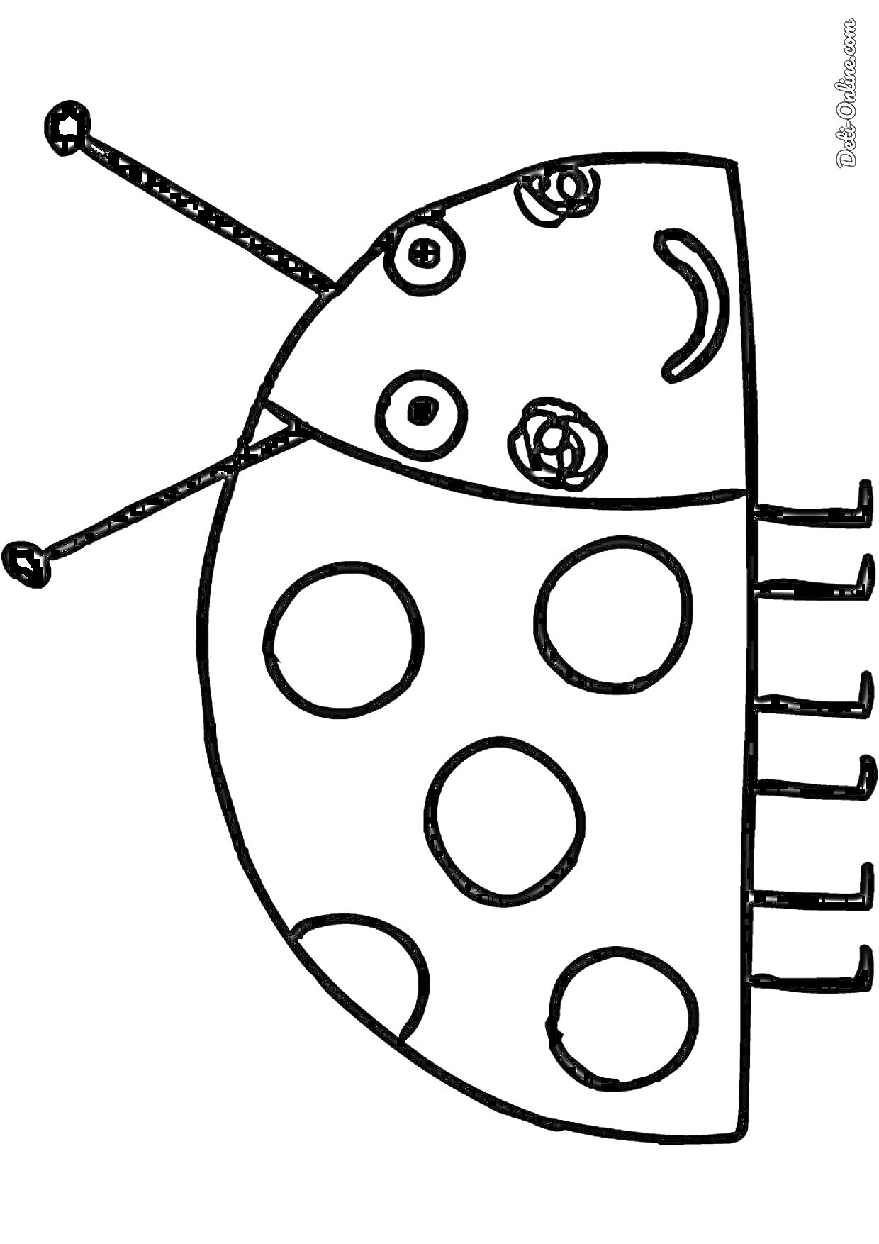 Раскраска Божья коровка с антеннами и пятнами, улыбающаяся, с шестью лапками