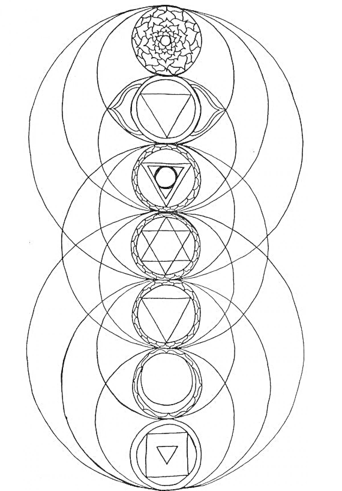 На раскраске изображено: Цветок Жизни, Геометрия, Круги, Треугольники, Узоры, Медитация