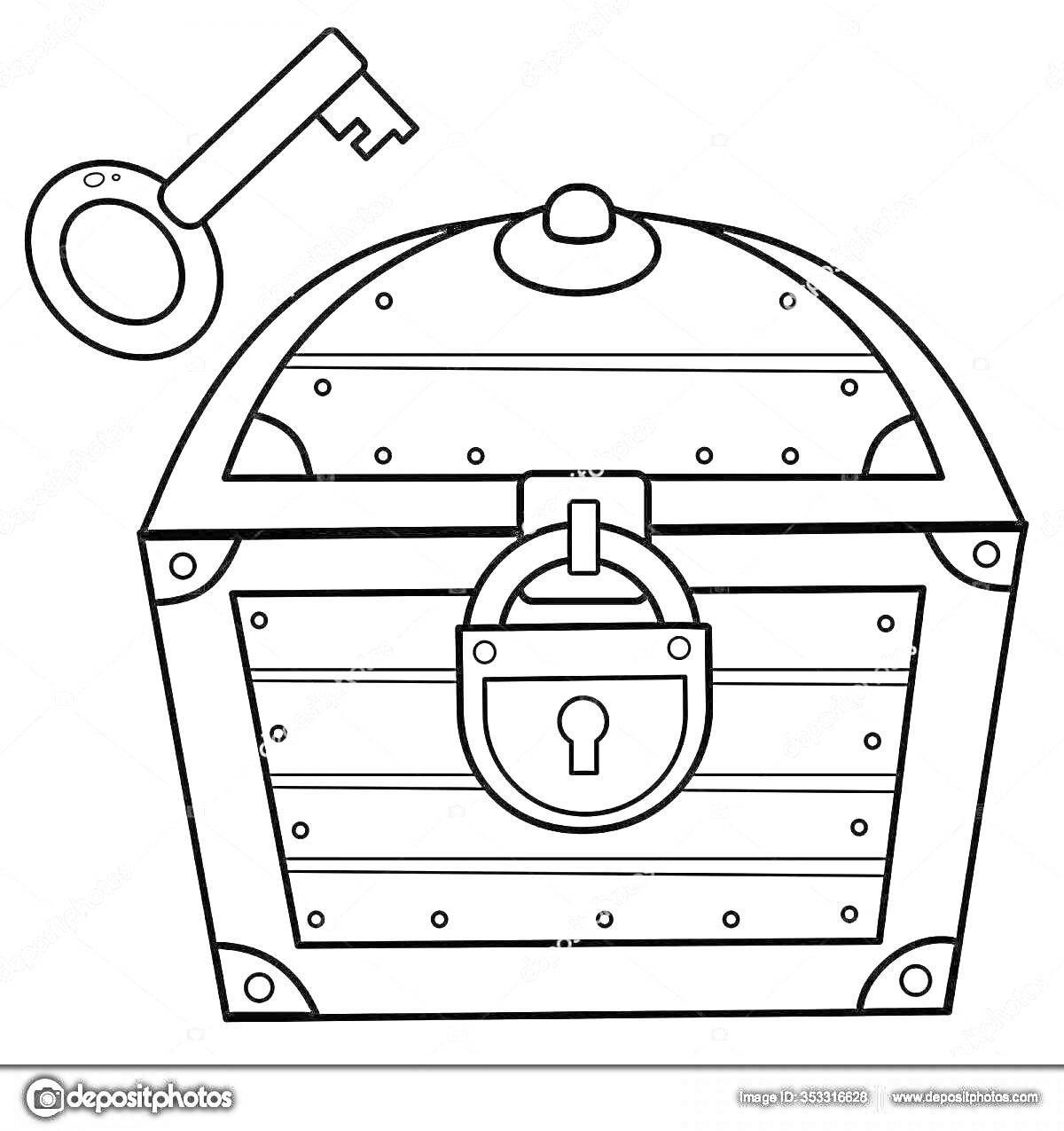 Раскраска сундук с замком и ключом на белом фоне, обведенный рисунок