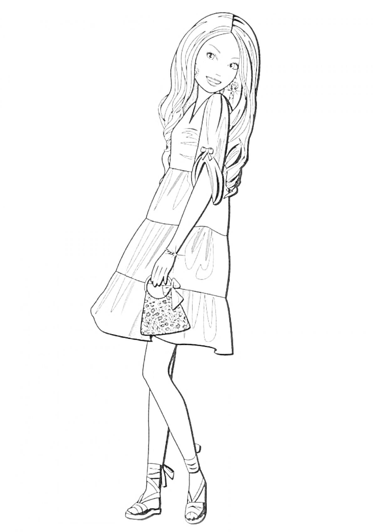 Раскраска Девушка в платье и босоножках, с сумочкой в руке
