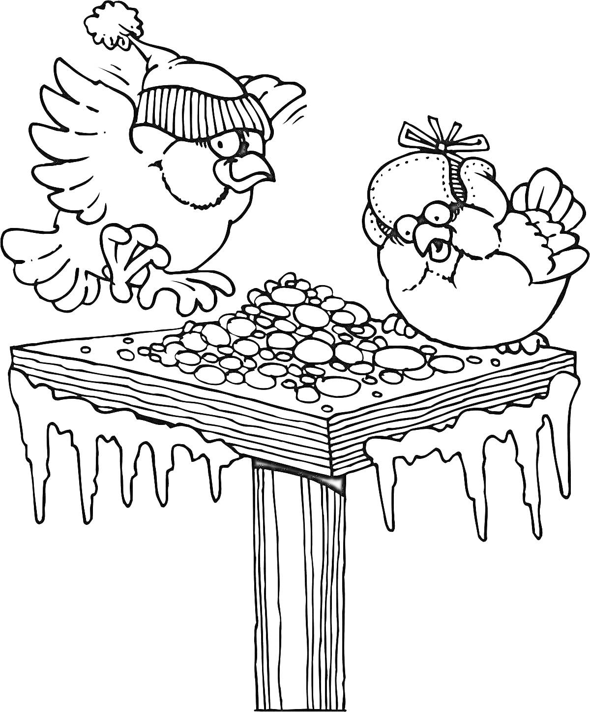 Раскраска Птичья кормушка зимой с двумя птицами в шапочках