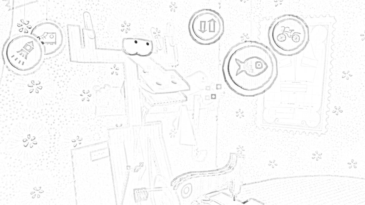 На раскраске изображено: Бумага, Робот, Рыба, Велосипед, Часы, Цветы, Комната, Значок, Стена
