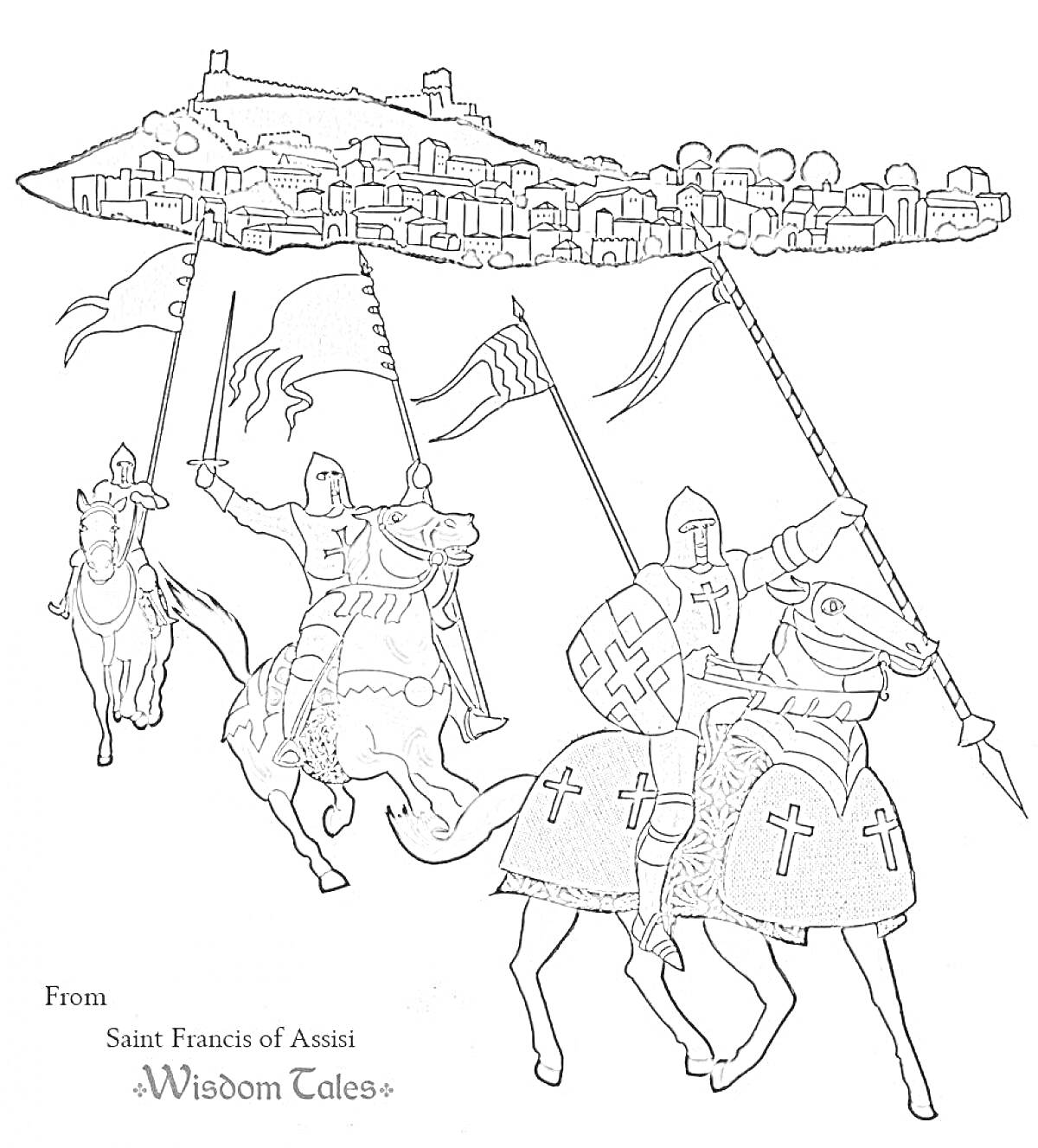 Раскраска Рыцари средневековья с флагами, скачущие на лошадях перед замком на холме