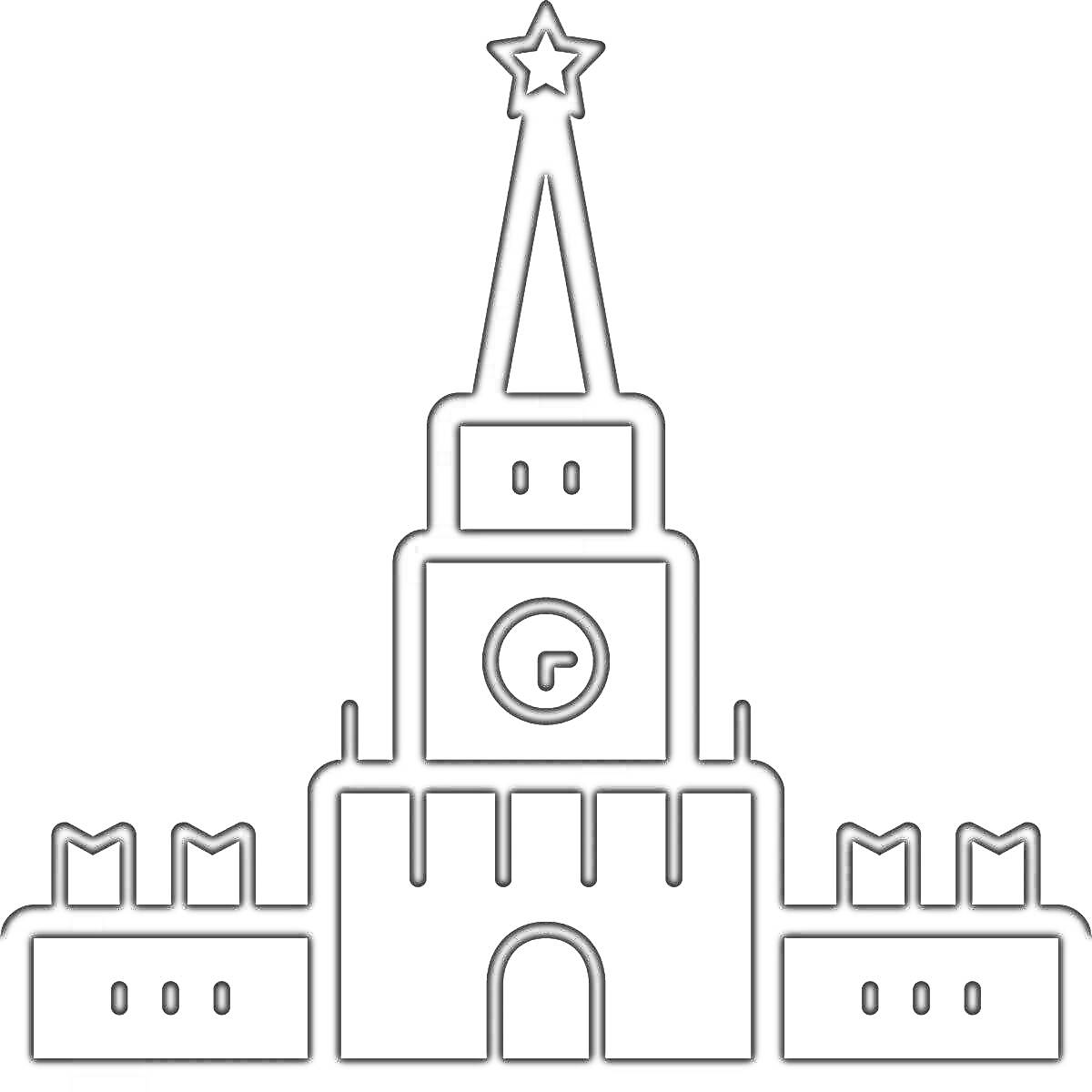 Раскраска Спасская башня Кремля с часами и звездой на верхушке, флаги и еще две башни по бокам.