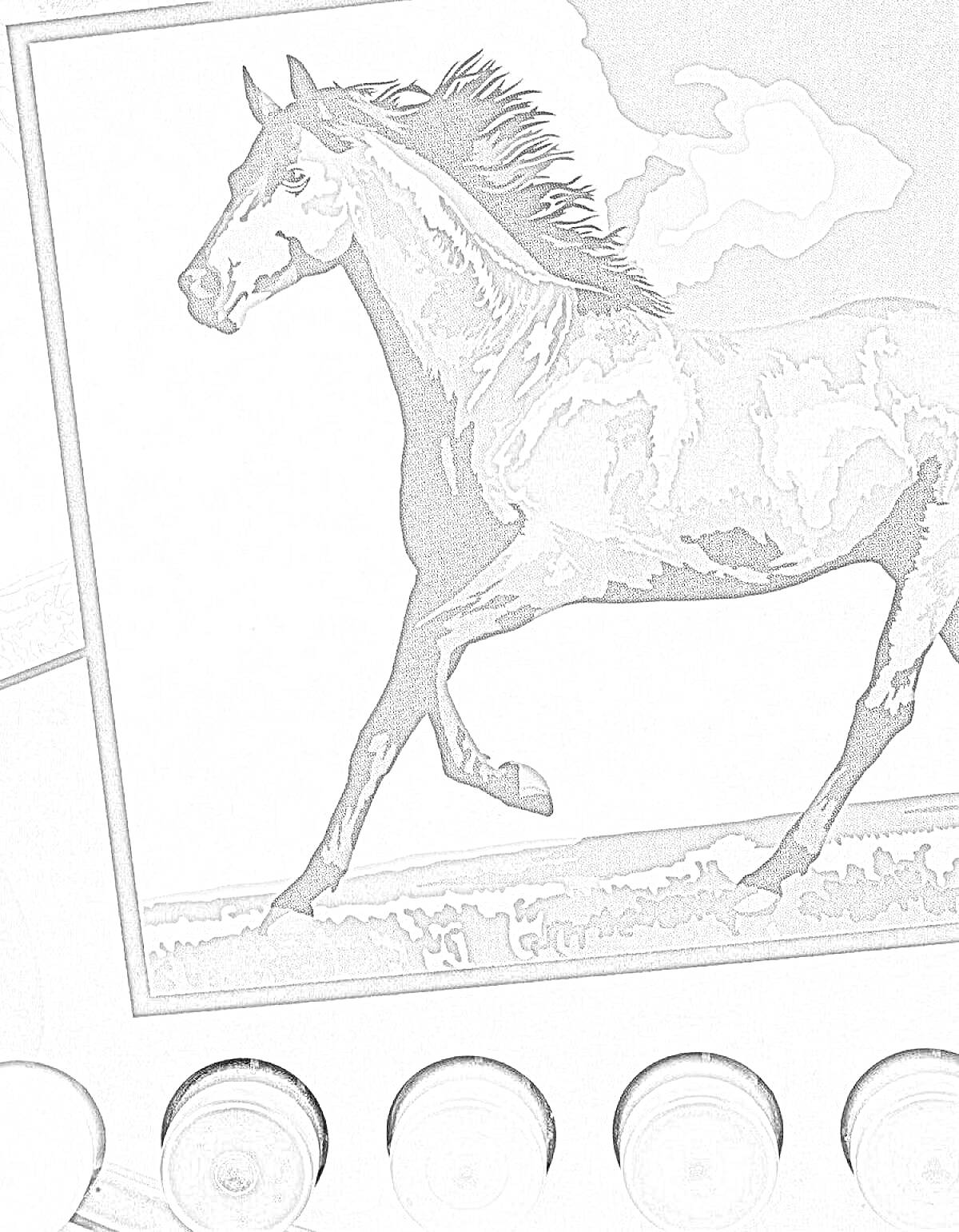 Раскраска Раскраска по номерам - бегущая лошадь с тучей на фоне и набором красок