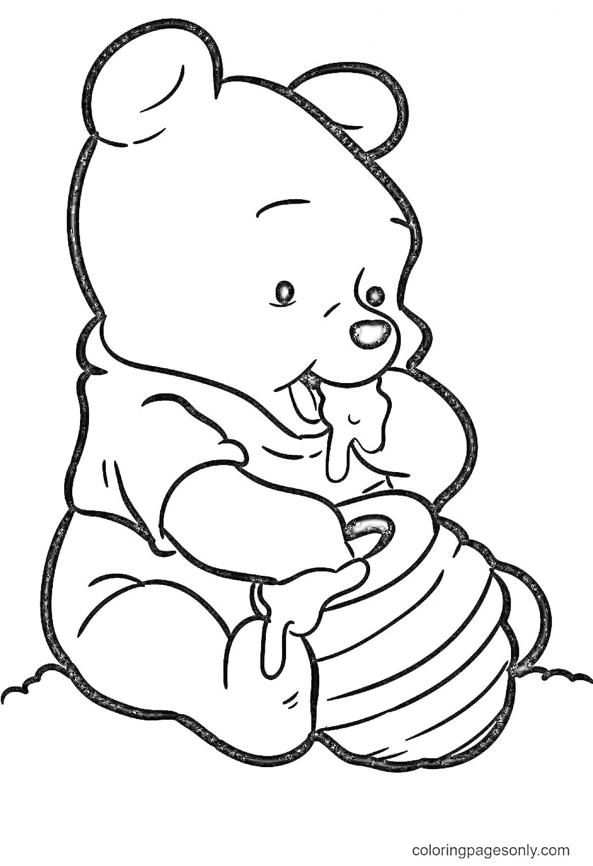 На раскраске изображено: Винни-Пух, Мед, Медведь