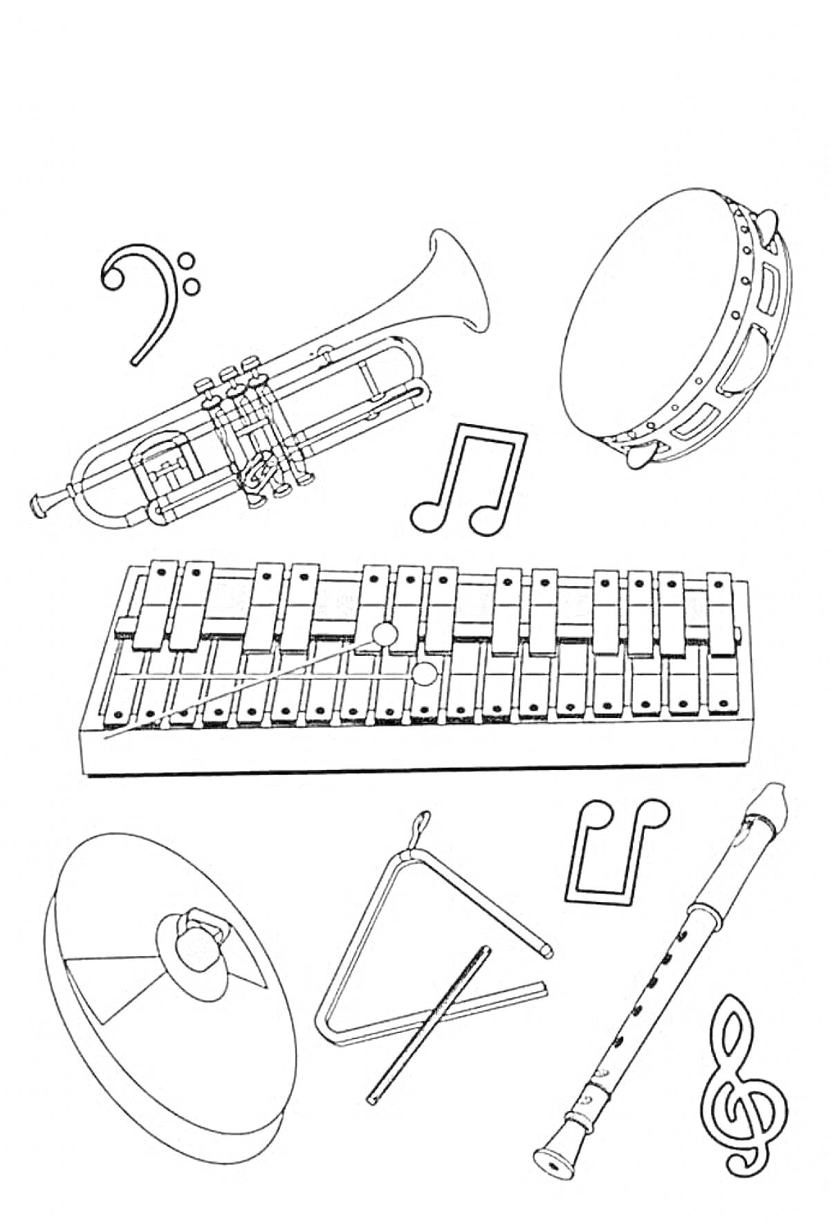 Раскраска Музыкальные инструменты: труба, тамбурин, металлофон, треугольник, флейта, тарелки, музыкальные ноты, скрипичный ключ