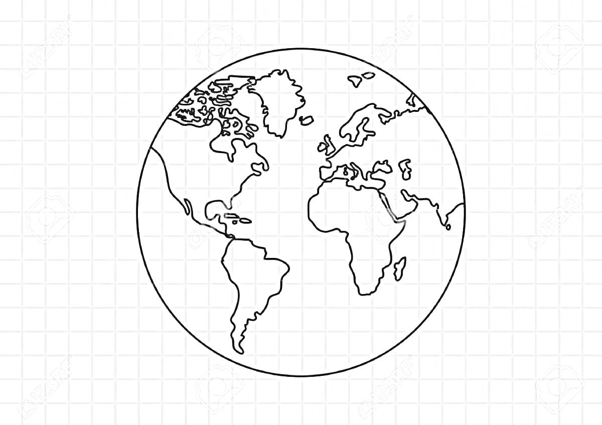 На раскраске изображено: Планета Земля, Материки, Океаны, Карта мира, Клетчатый фон, Контурные рисунки