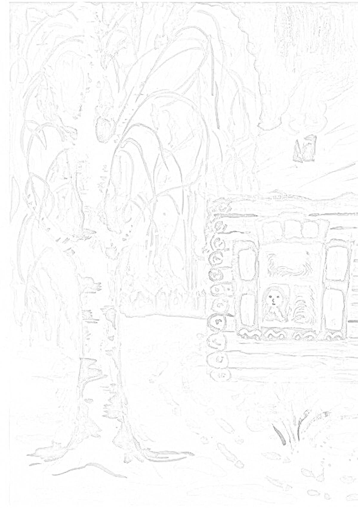 На раскраске изображено: Белая береза, Зима, Дом, Заснеженный пейзаж, Зимний лес, Снег