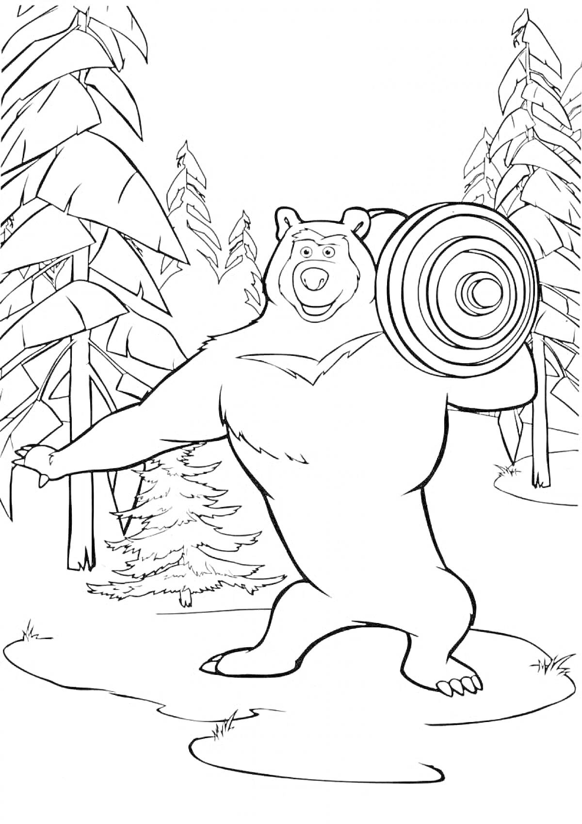 Раскраска Гималайский медведь в лесу с бревном