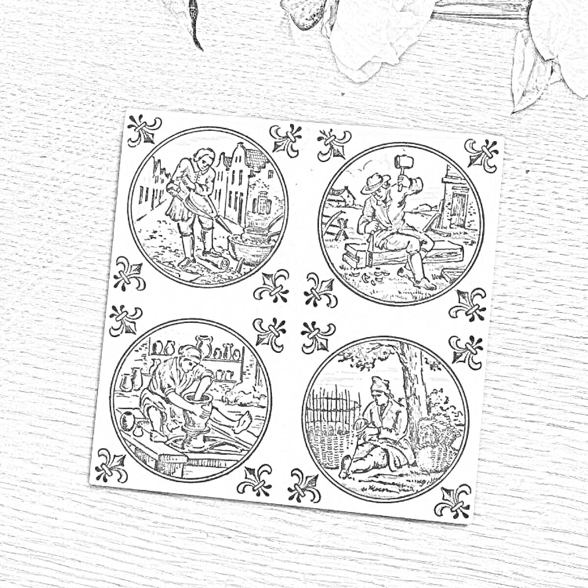 Раскраска керамическая плитка ручной работы с четырьмя фрагментами на деревенскую тематику