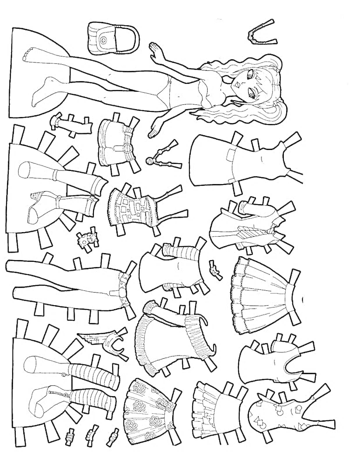 Раскраска Бумажная кукла со сменной одеждой и аксессуарами (включает куклу, сумочку, обувь, пять нарядов, аксессуары для волос)