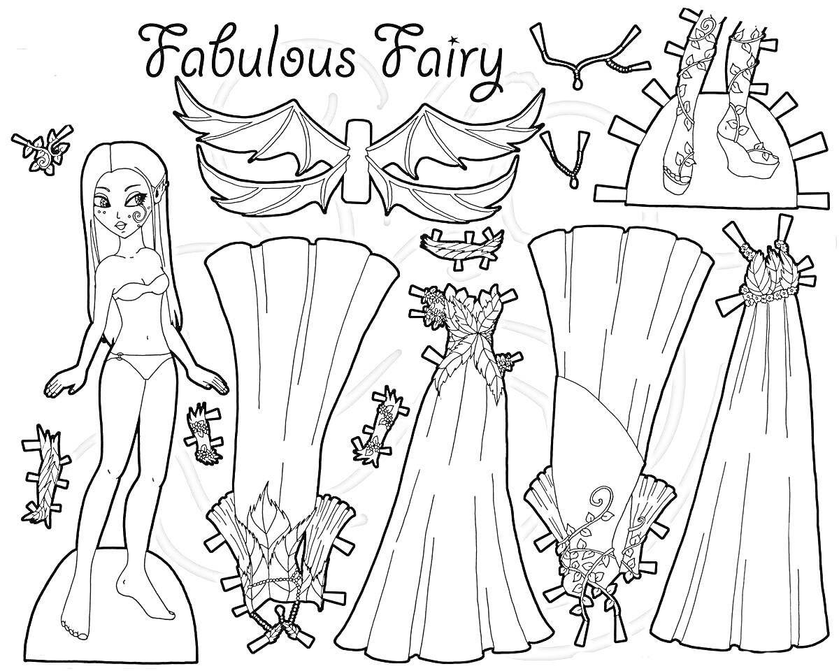 Раскраска Бумажная кукла с тремя платьями, крыльями и аксессуарами