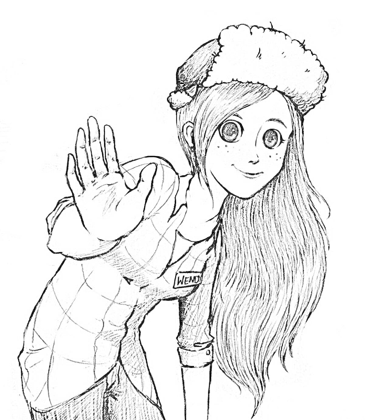 Раскраска Девушка с длинными волосами в клетчатой рубашке и шапке с мехом приветствует