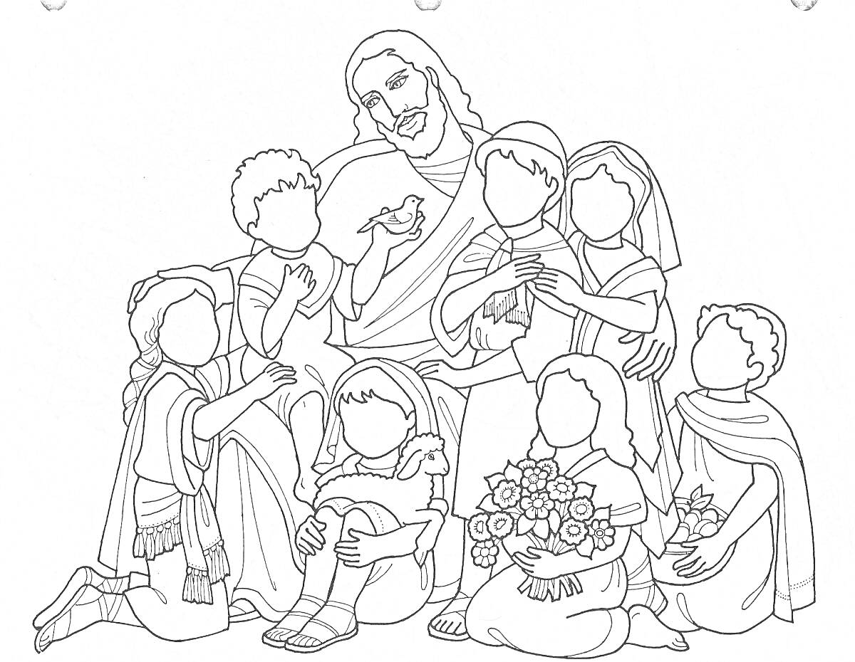 На раскраске изображено: Иисус, Ягненок, Букет цветов, Воскресная школа, Библейская сцена, Религия, Христианство