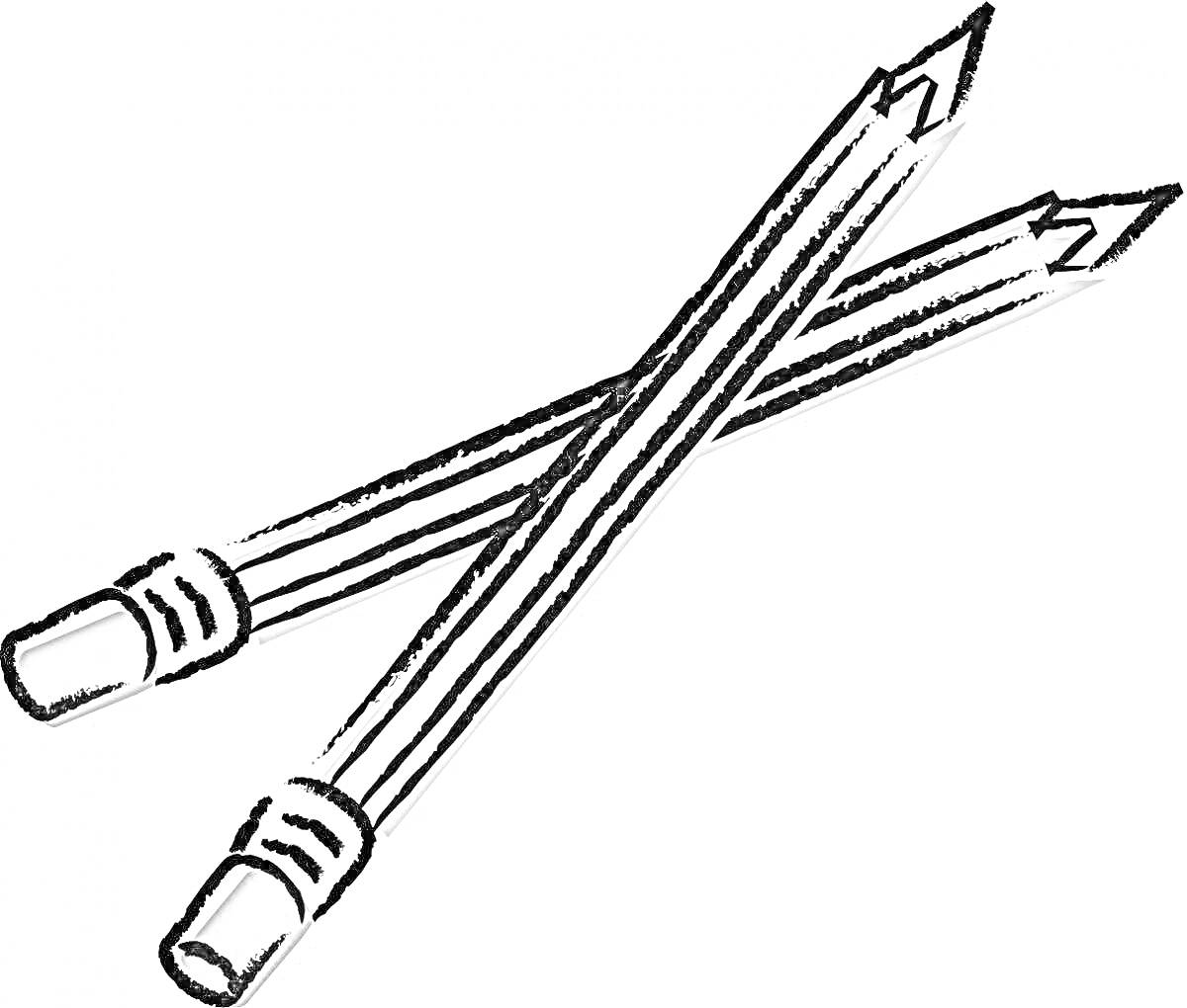 Раскраска Два пересекающихся карандаша с ластиками на белом фоне