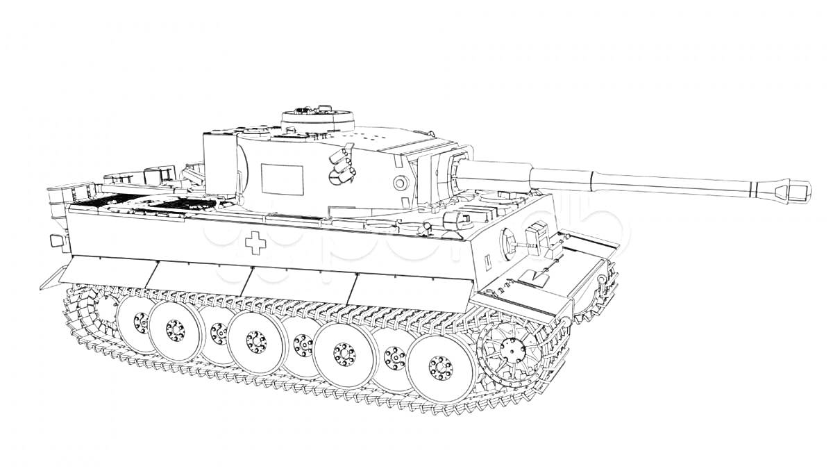 Раскраска Раскраска танк Тигр с пушкой и деталями корпуса