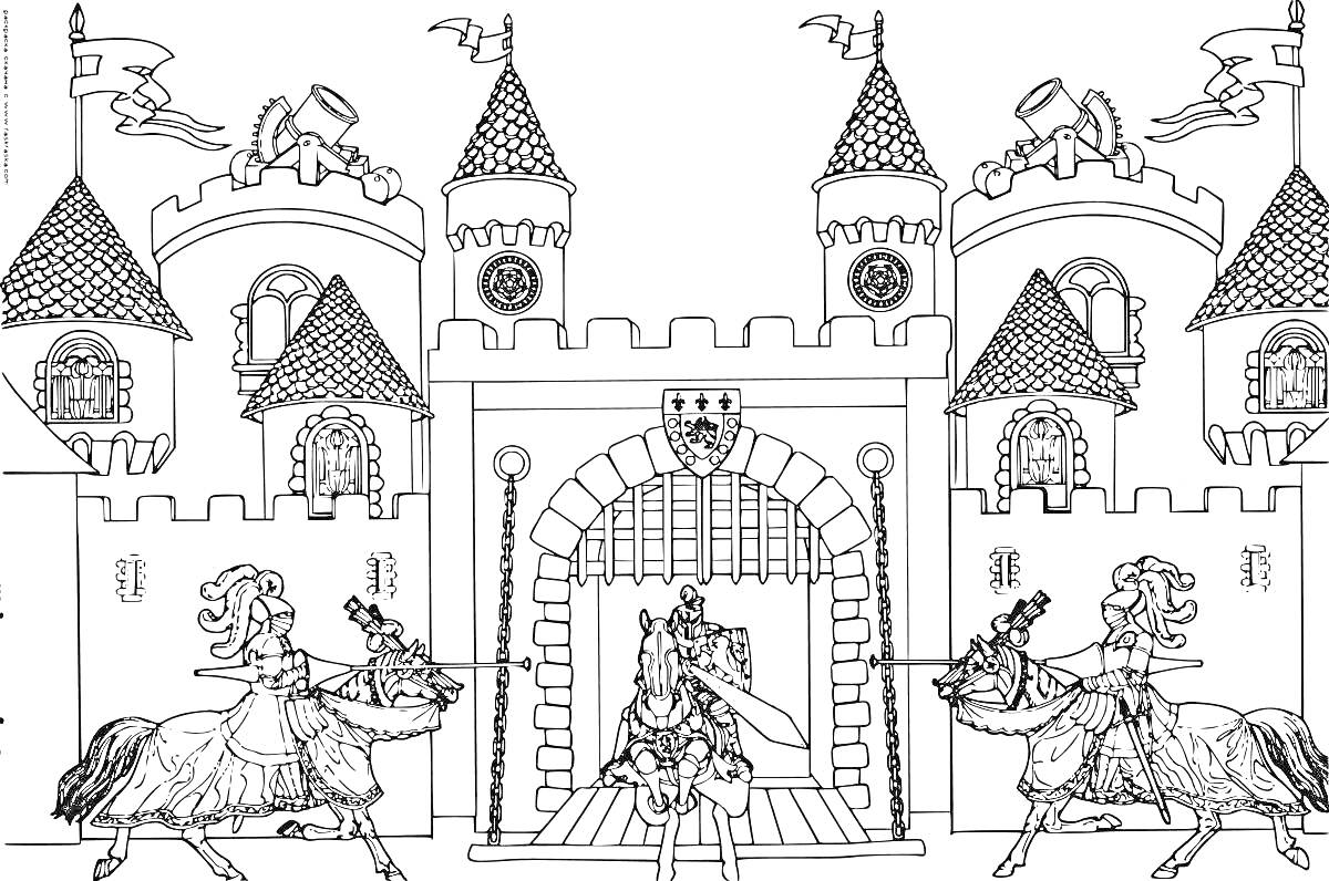 На раскраске изображено: Замок, Рыцари, Кони, Башни, Ворота, Средневековье, Флаг, Всадник