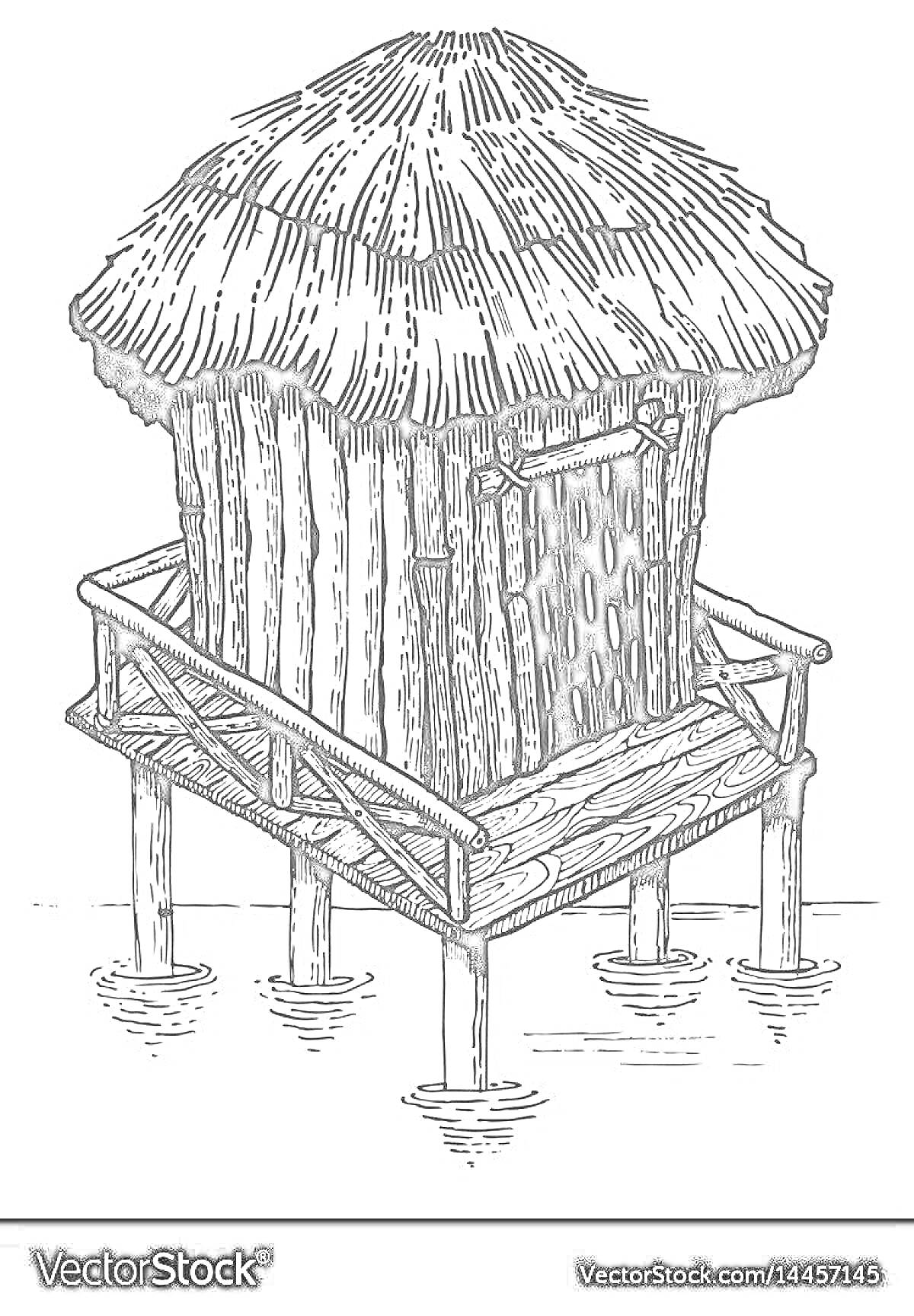 Раскраска Хижина на сваях с соломенной крышей, расположенная над водой