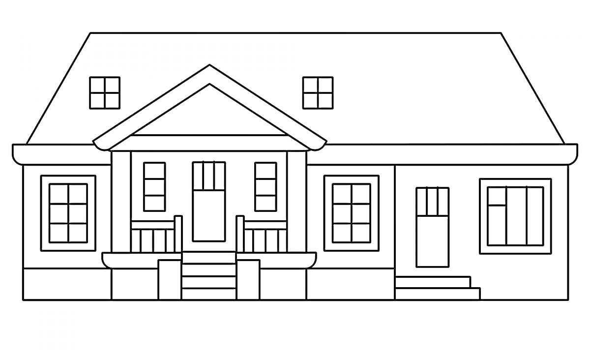 Кирпичный дом с крыльцом, окнами и дверью