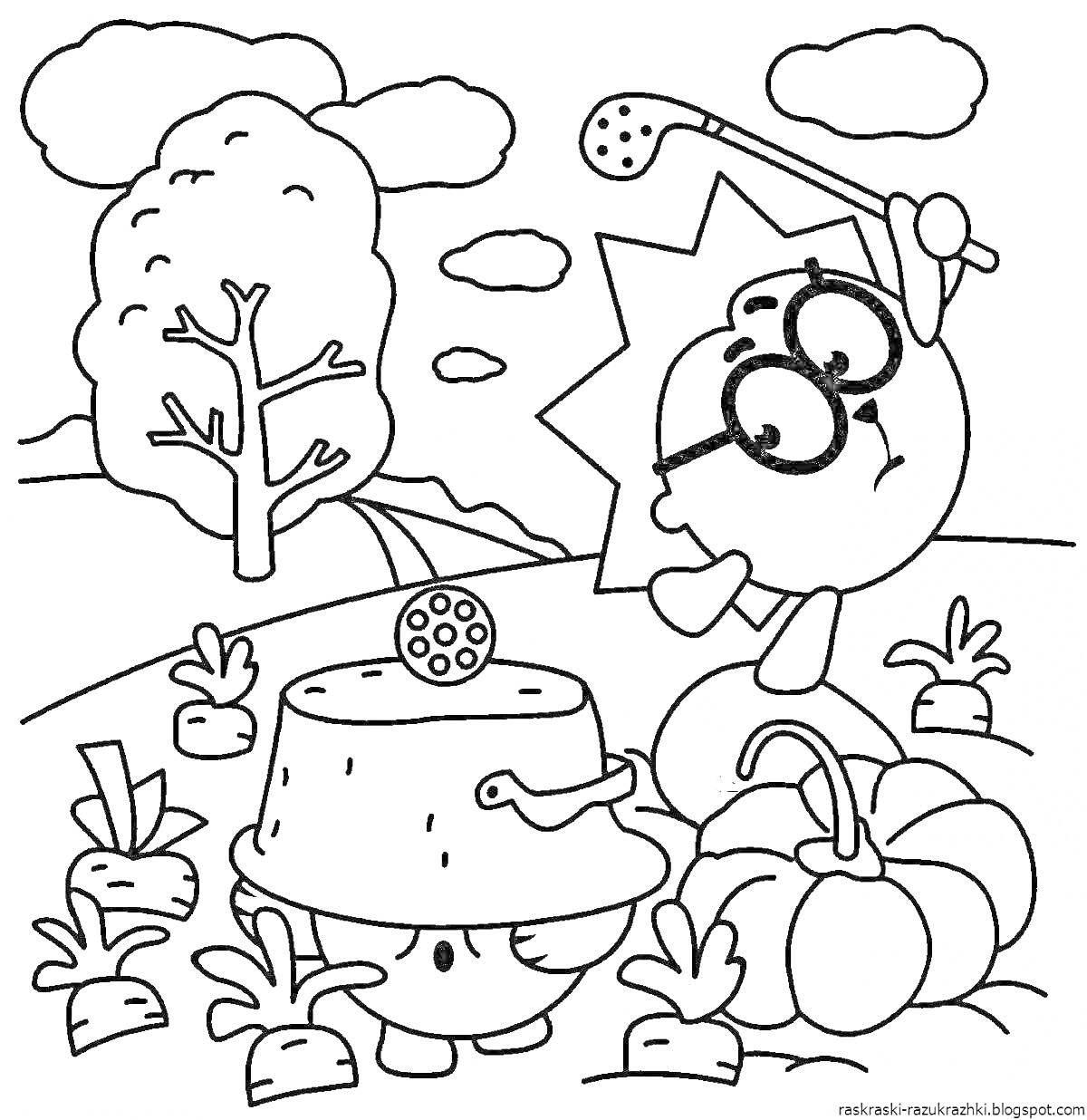 Раскраска Персонажи с очками и ведром на голове среди растений и тыквы, деревья и облака