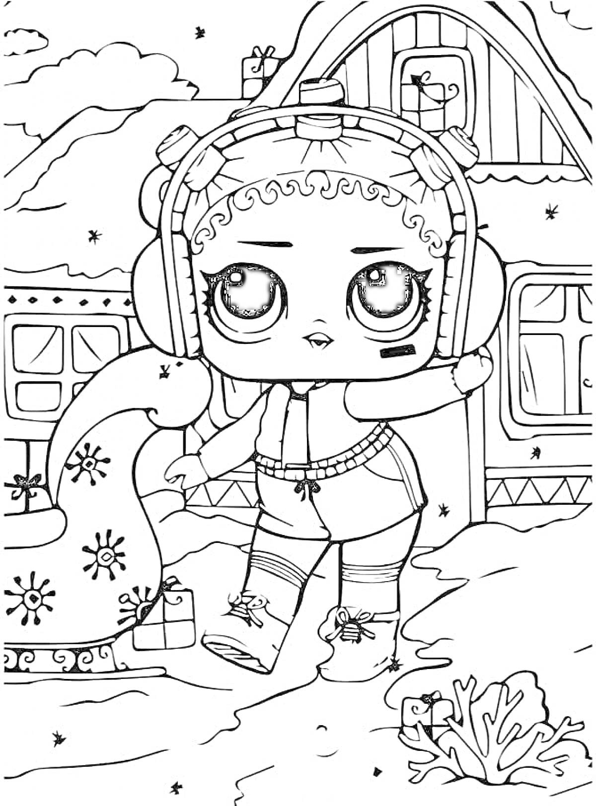 Раскраска ЛОЛ кукла с крупными глазами в наушниках и шарфе, домик с подарком и окнами, заснеженный ландшафт