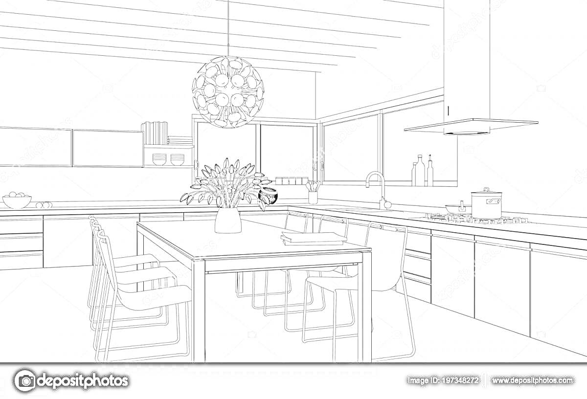 На раскраске изображено: Кухня, Обеденный стол, Люстра, Ваза с цветами, Кухонные шкафы, Плита, Вытяжка, Посуда, Окна