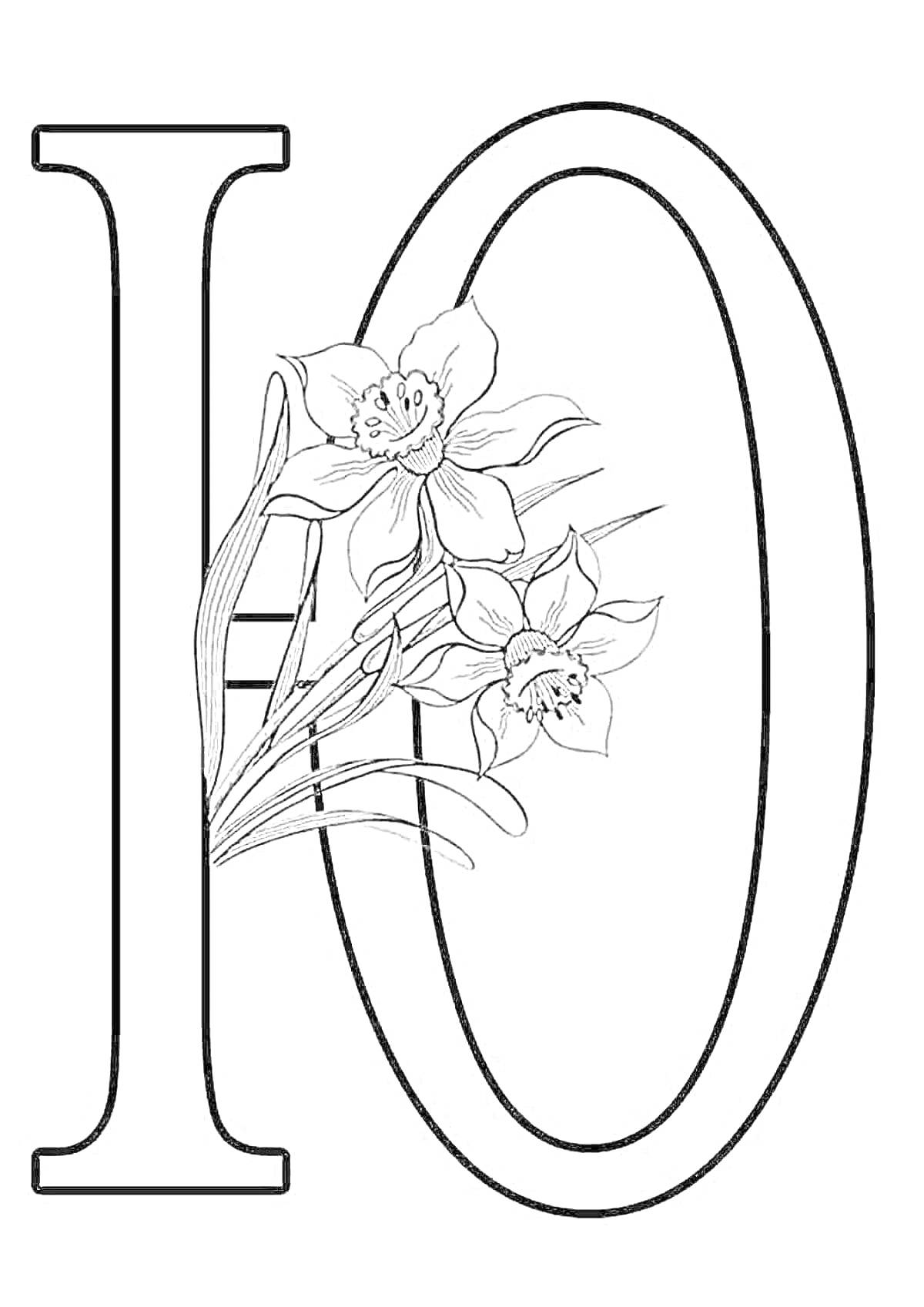 На раскраске изображено: Буква Ю, Цветы, Оформление