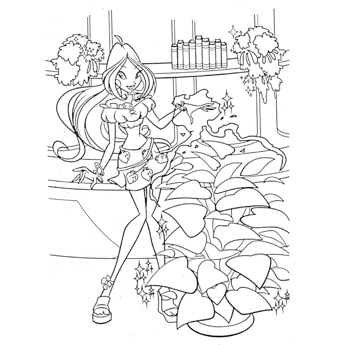Раскраска Девушка с длинными волосами и растениями в комнате с книгами на заднем плане