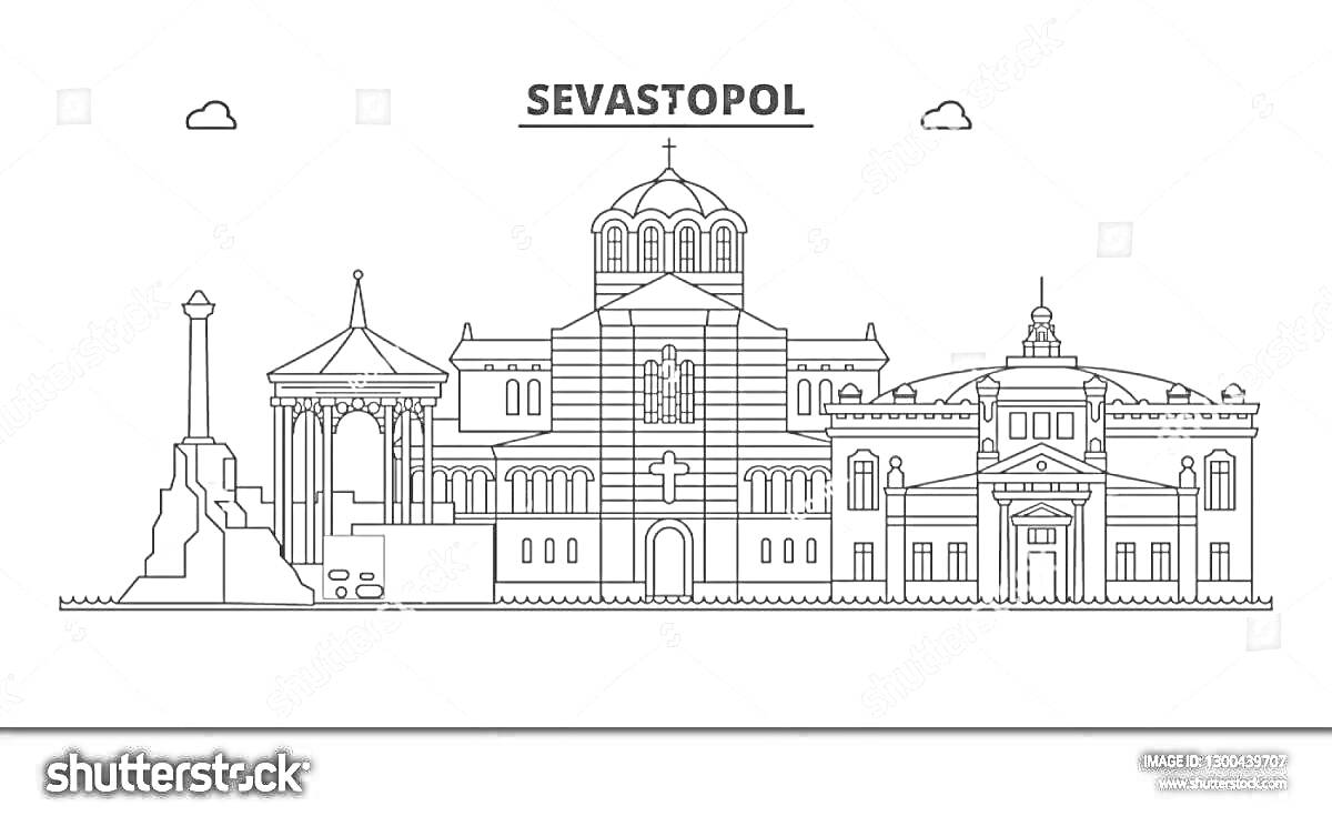Раскраска Силуэт Севастополя с изображением памятника затопленным кораблям, колоннады, православного храма и исторического здания