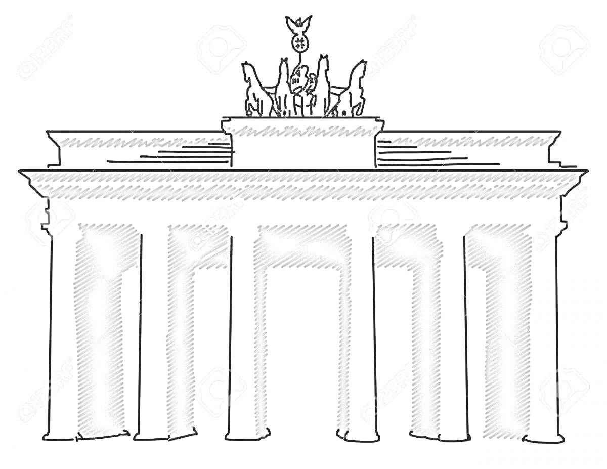 Раскраска Бранденбургские ворота с квадригой на вершине и шесть колонн