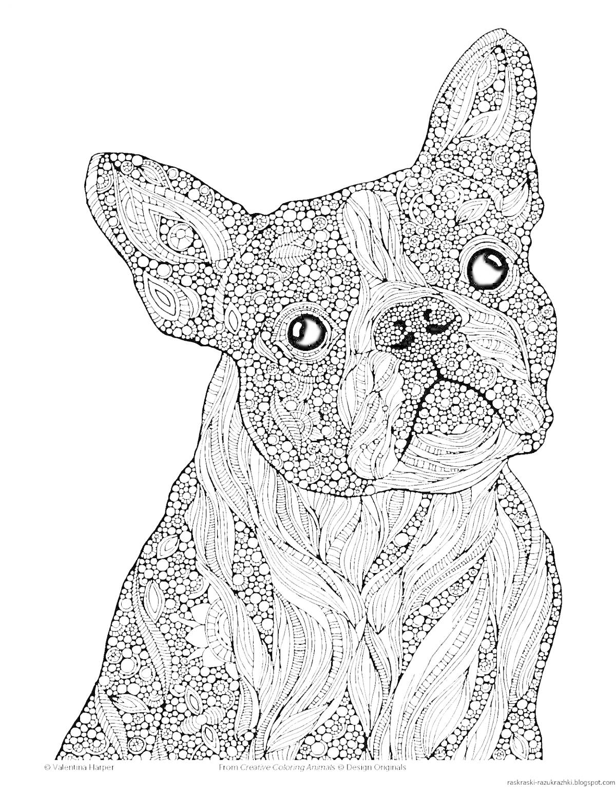 Раскраска Портрет собаки с узорами, сложная раскраска