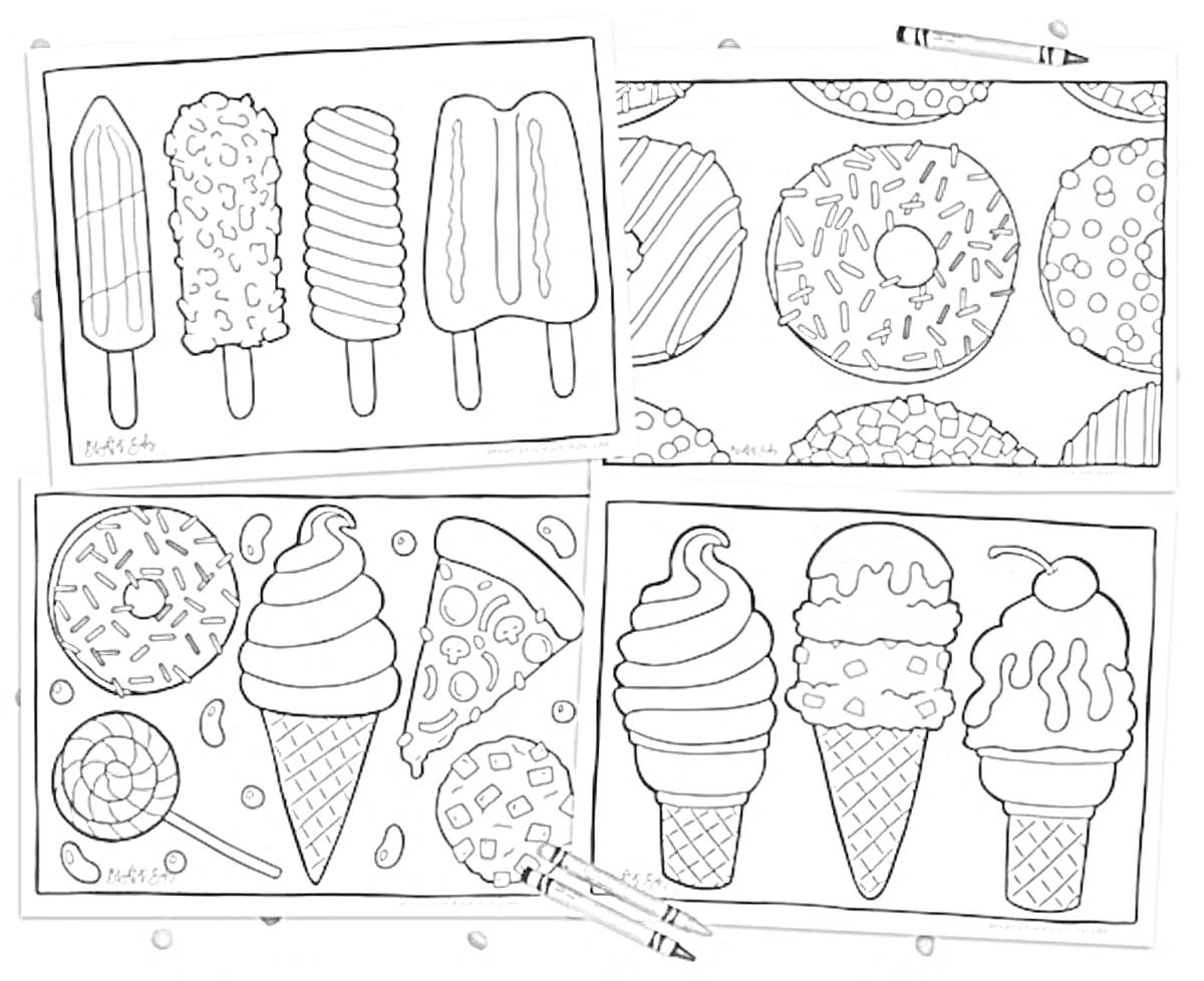 На раскраске изображено: Мороженое, Эскимо, Посыпка, Конфеты, Сладости, Пончик, Леденцы, Рожки