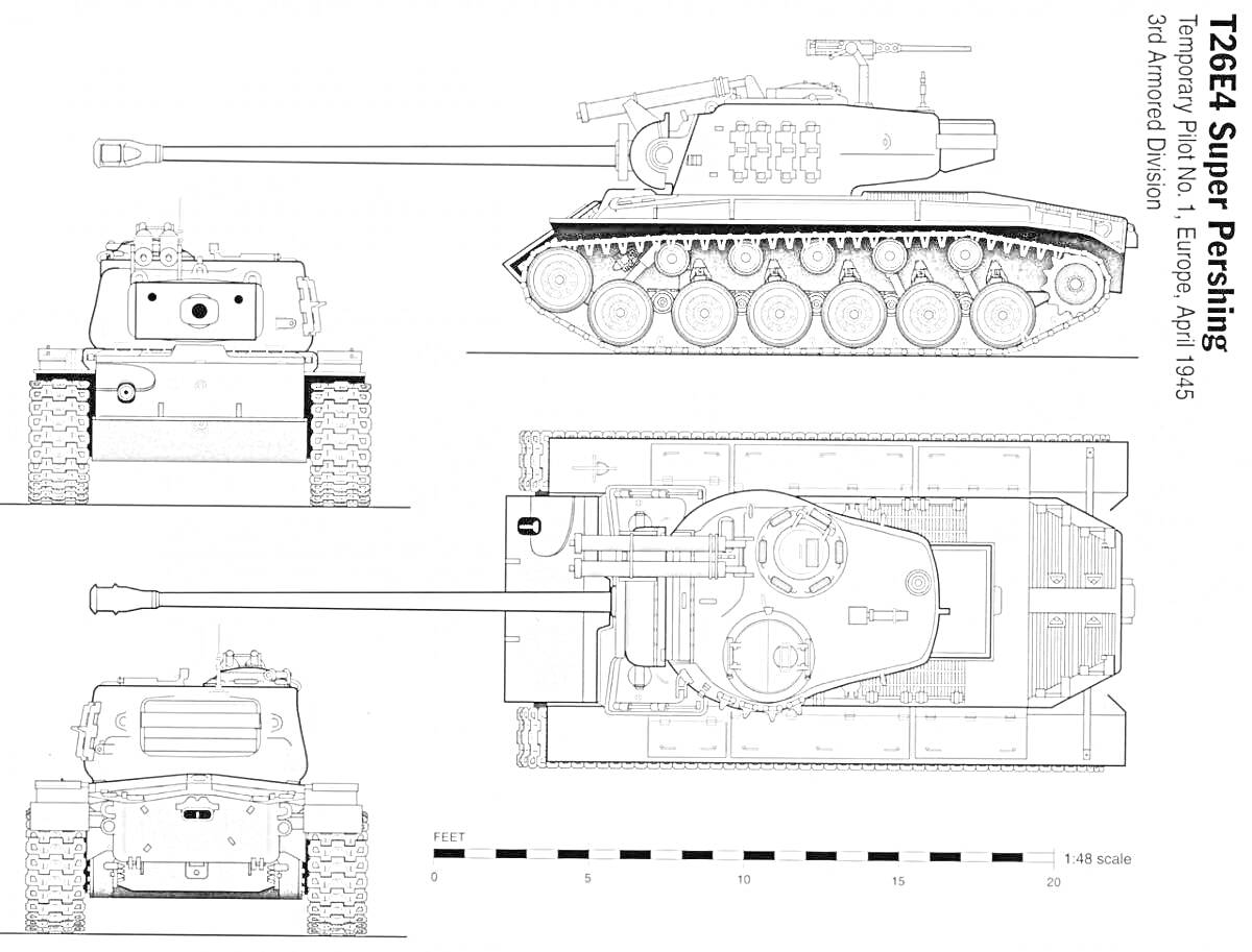 Раскраска Т26Е4 Super Pershing. Несколько видов танка: спереди, сбоку, сверху, с кормы