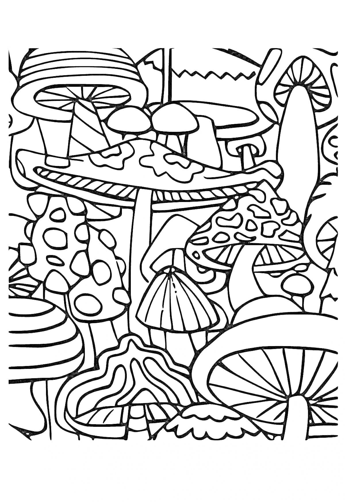 Раскраска Лес с множеством грибов различных форм и размеров