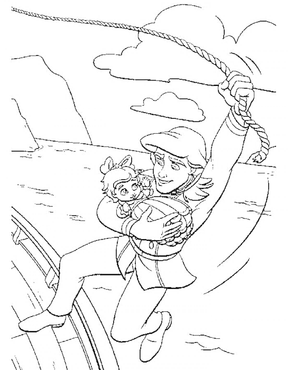 Раскраска Человек с ребенком, раскачивающиеся на канате над лодкой и водой, на фоне холмов и облаков