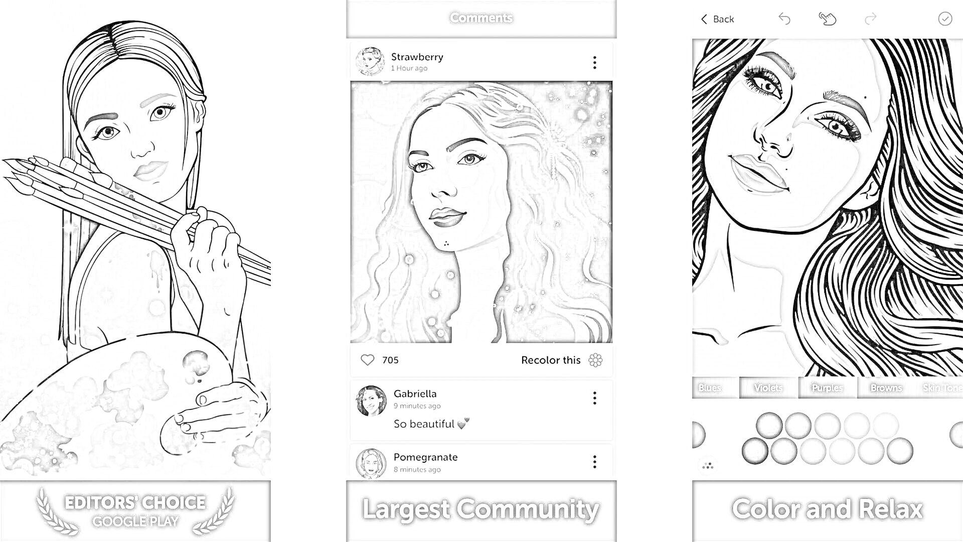 Раскраска Программа для раскраски - три изображения: девушка с палитрой и кистями, отзыв сообщества, раскраска лица