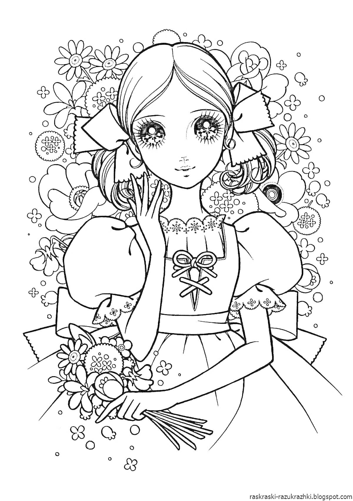 Раскраска Девушка в платье с цветами и украшениями
