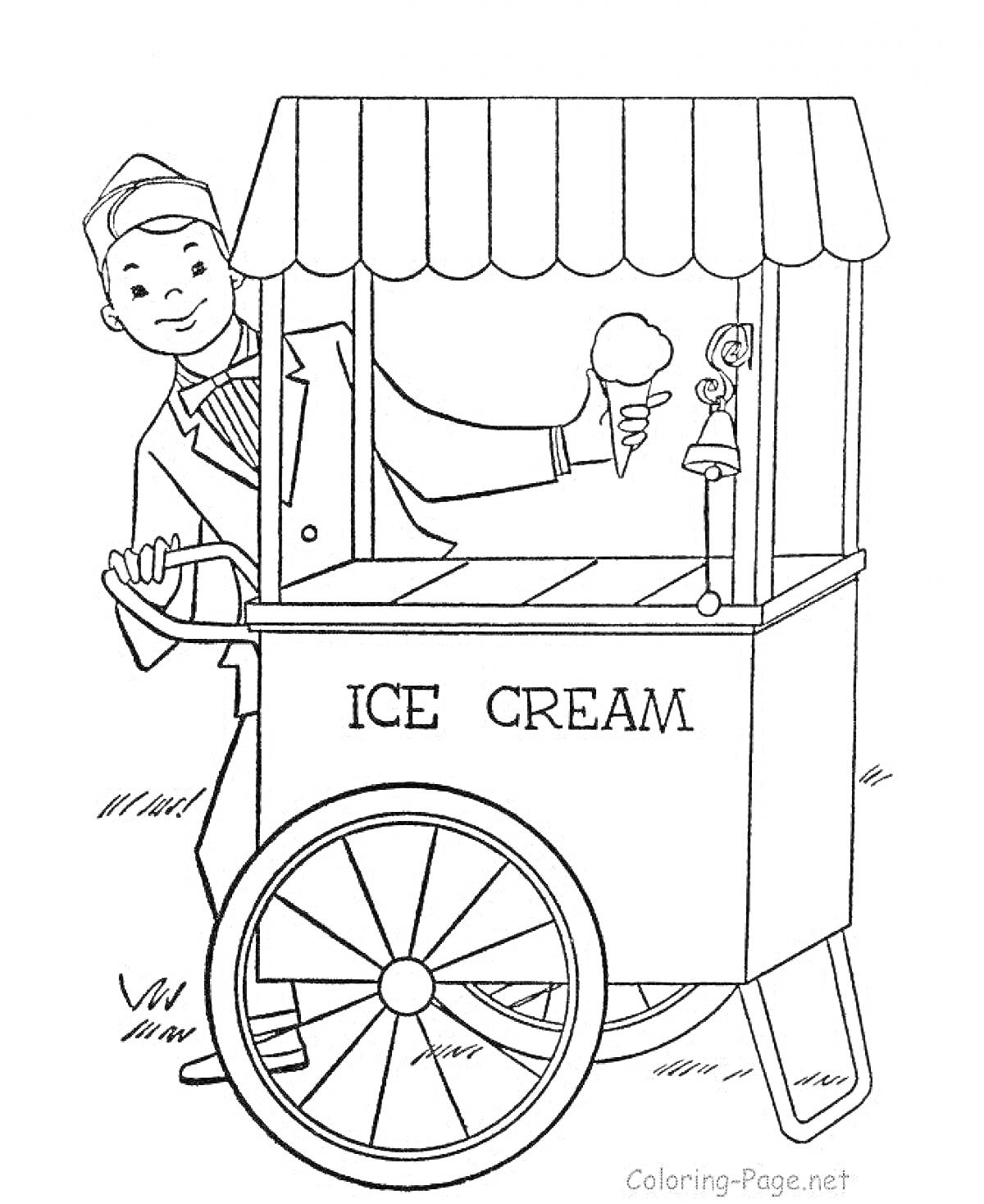 Раскраска Мороженщик у тележки, держащий мороженое, с колоколом для привлечения клиентов