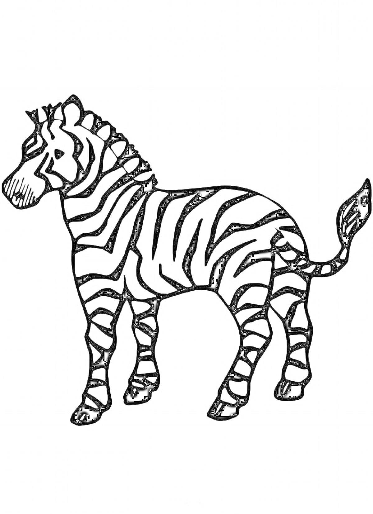 Раскраска Зебра стоящая в профиль с полосатым рисунком на теле и поднятым хвостом