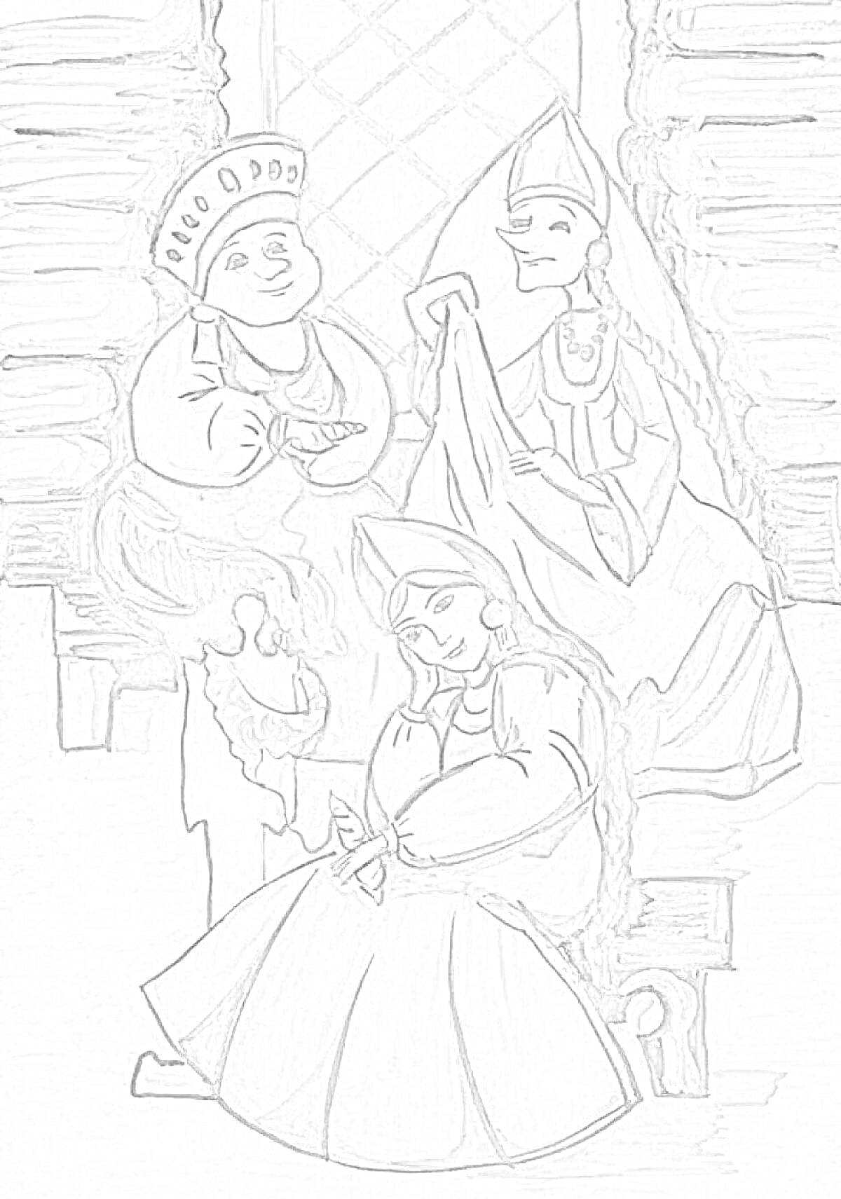 На раскраске изображено: Три девушки, Изба, Вышивание, Женская одежда, Кокошник