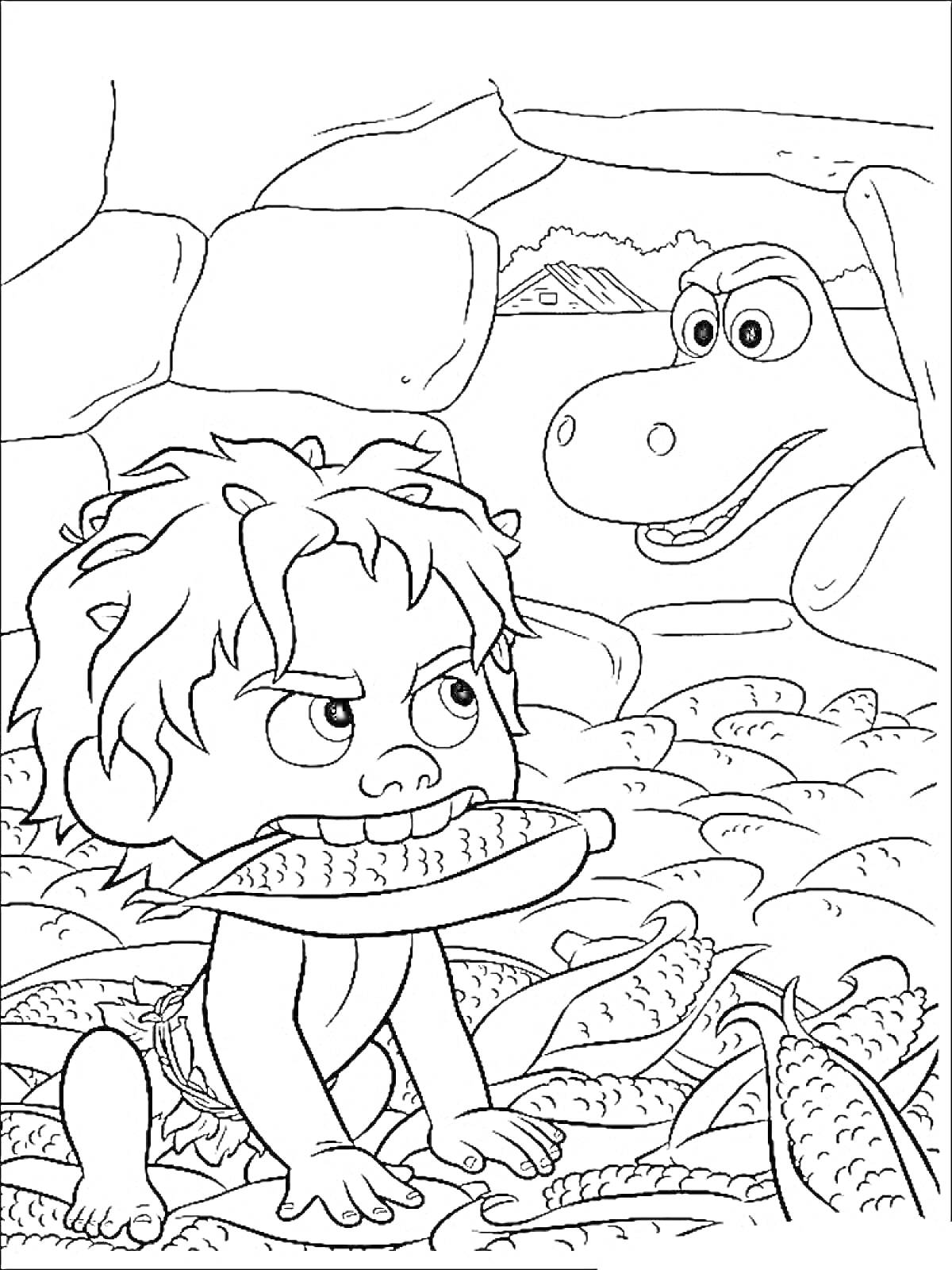 Раскраска Мальчик с кукурузой и динозавр в пещере