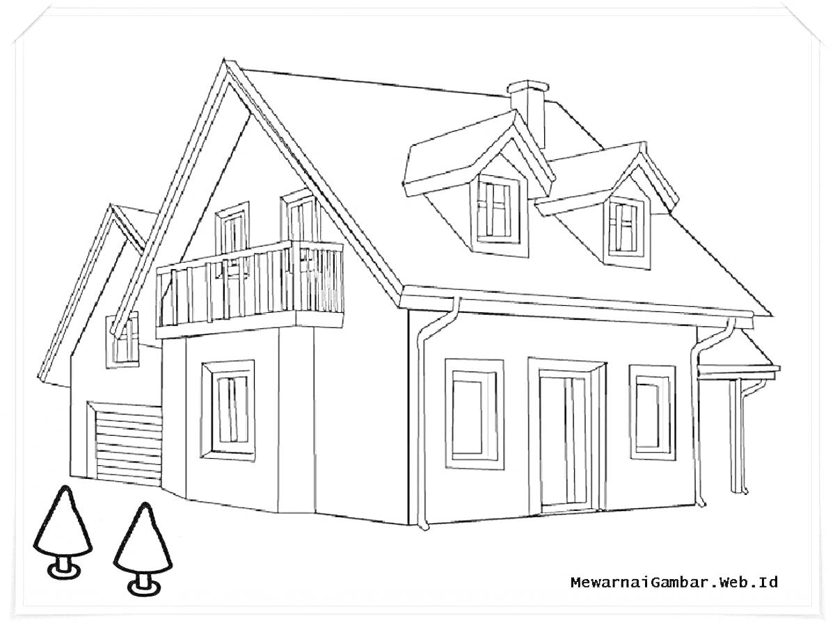 Раскраска Двухэтажный дом с балконом, двумя ручными окном и двумя ёлками
