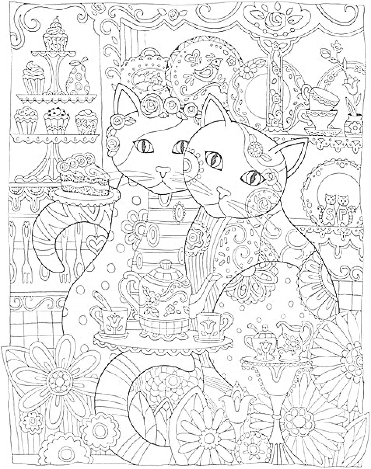 Раскраска Два кота с пирожными и чайным сервизом на фоне цветов и десертов