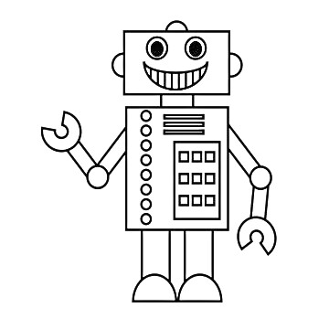 Раскраска Робот с улыбающимся лицом, кнопками и клешнями