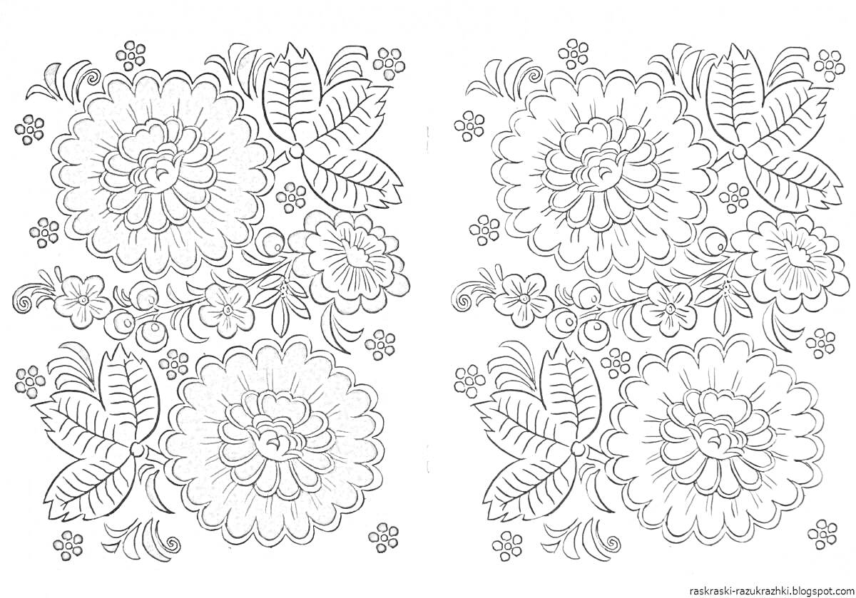 Раскраска Петриковская роспись с большими и маленькими цветами, листьями и завитками