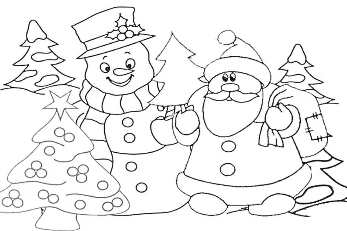 Раскраска Дед Мороз и снеговик с еловыми деревьями и украшенной елкой