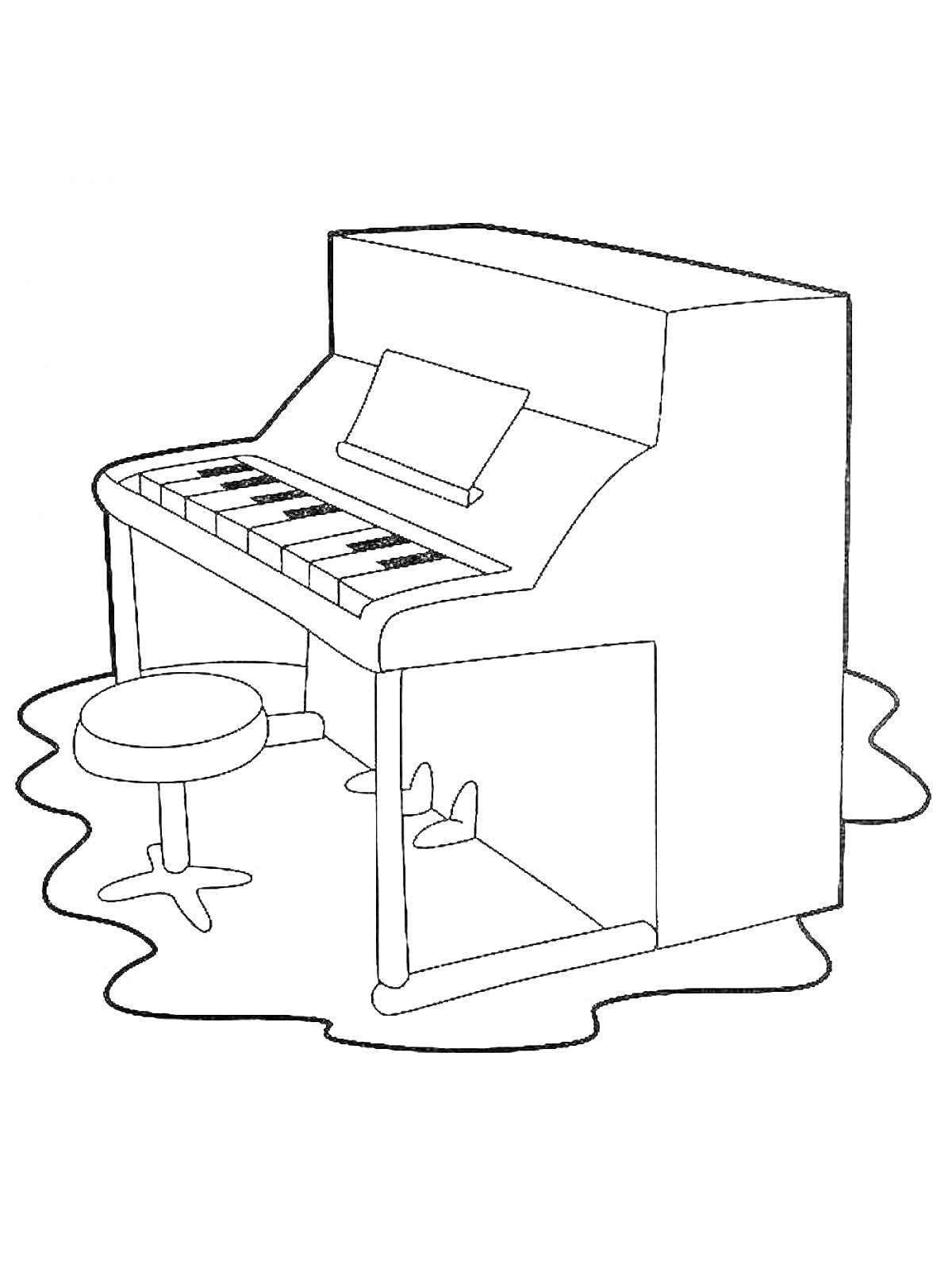 На раскраске изображено: Пианино, Табурет, Педали, Музыкальные инструменты