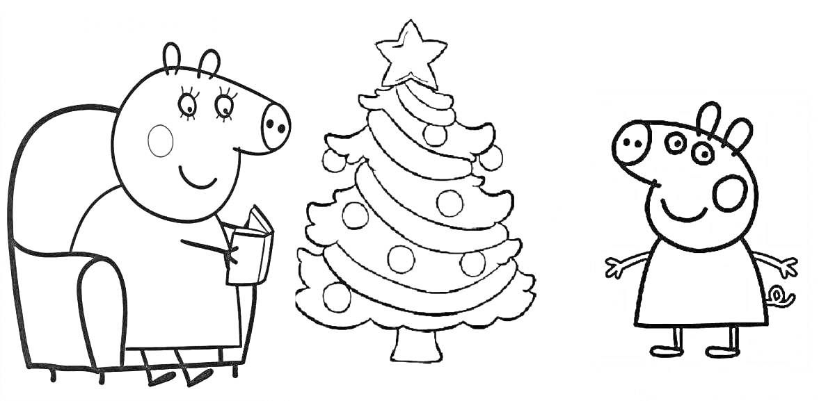 На раскраске изображено: Свинка пеппа, Рождественская елка, Кресло, Рождество, Свиньи